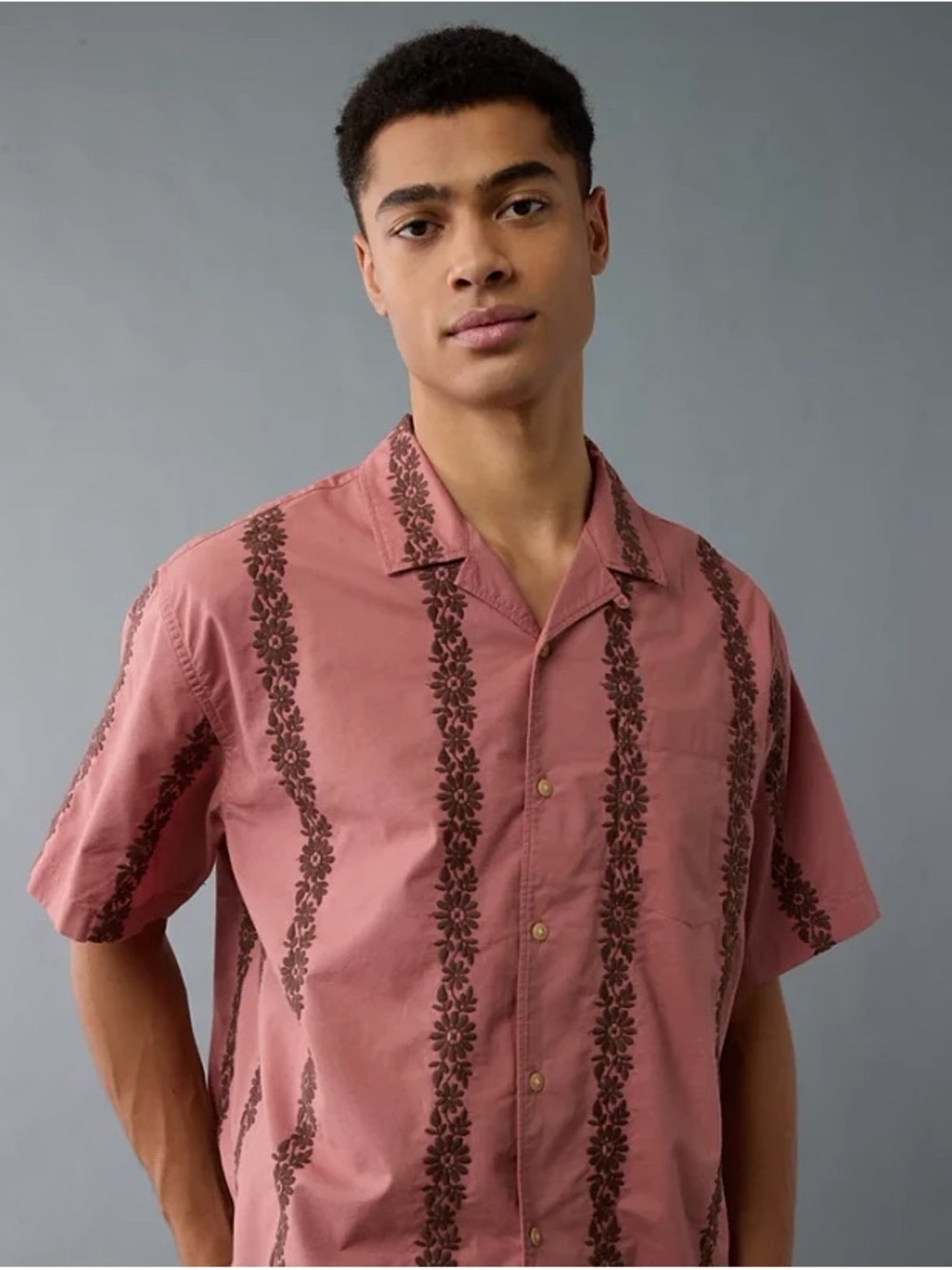 Men's Short Sleeve Mauve Embroidered Floral Stripe Camp Shirt